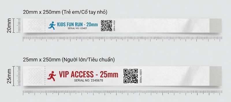 Các kích thước vòng tay giấy phổ biến hiện nay.
