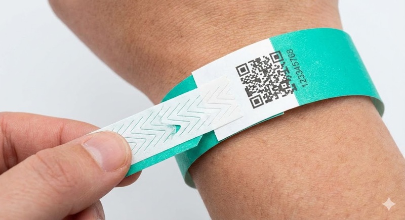 Cận cảnh lớp keo dính bảo mật rãnh xéo và mã QR Code in trên vòng tay giấy giúp chống gian lận vé.