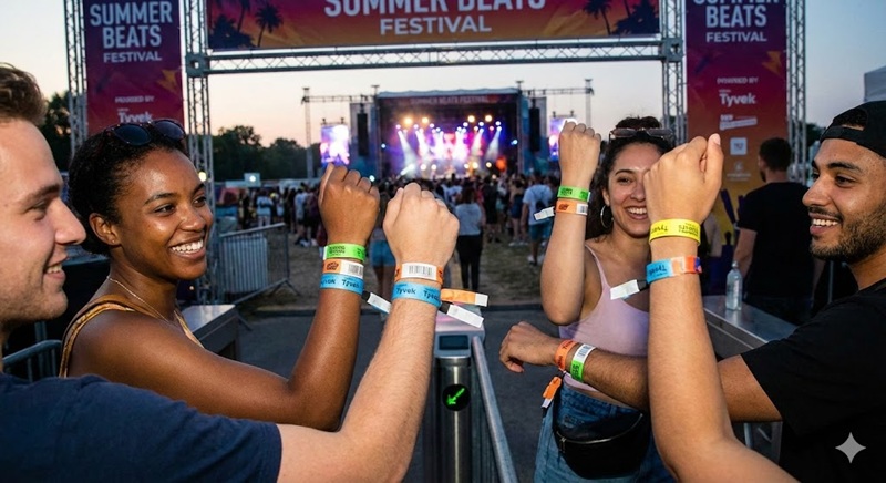 Khách mời giơ tay check-in bằng vòng đeo tay giấy Tyvek tại sự kiện âm nhạc sôi động.