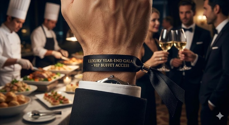 Mẫu vòng tay giấy thiết kế sang trọng, lịch sự dùng làm vé kiểm soát tiệc Buffet và tiệc tất niên doanh nghiệp.