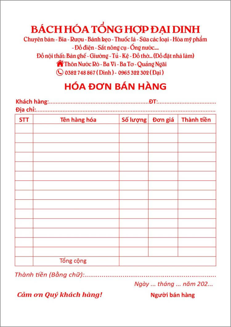 Dịch vụ in hóa đơn bán lẻ theo yêu cầu