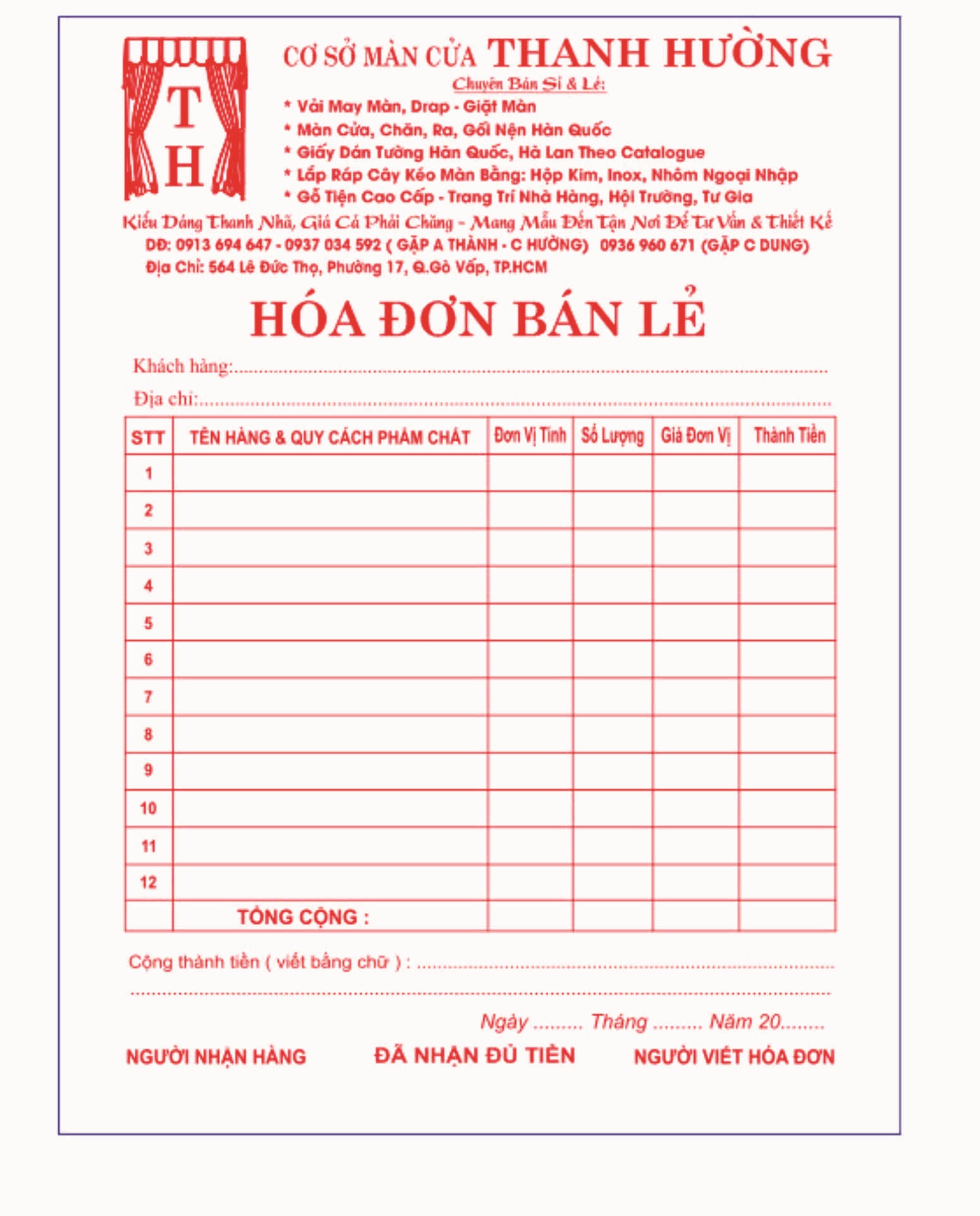 Hóa đơn bán lẻ 1 liên