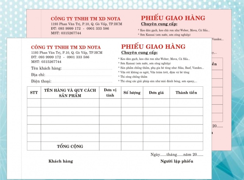 Mẫu phiếu giao hàng phổ biến