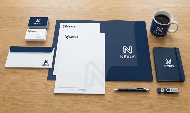 Bộ nhận diện thương hiệu văn phòng đồng bộ và chuyên nghiệp.