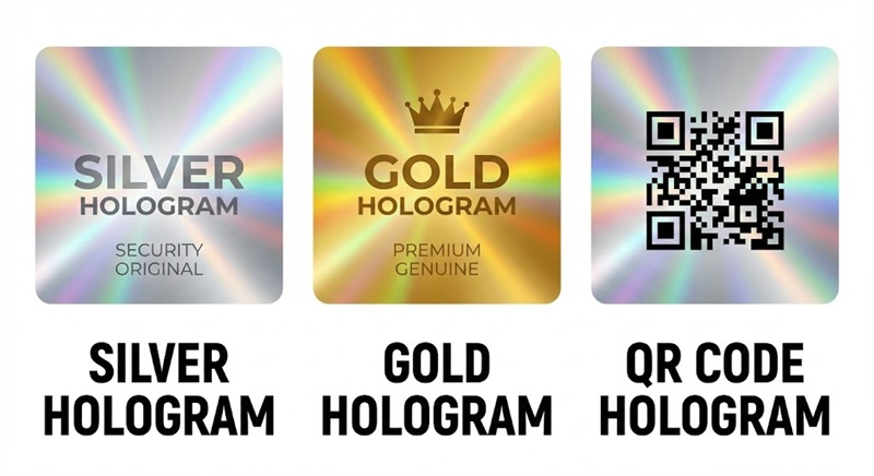 Các loại tem hologram bạc vàng và tem tích hợp QR code.
