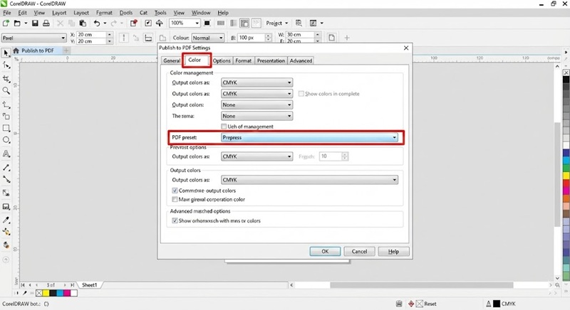 Cài đặt thông số xuất file PDF trong Corel chuẩn in ấn.