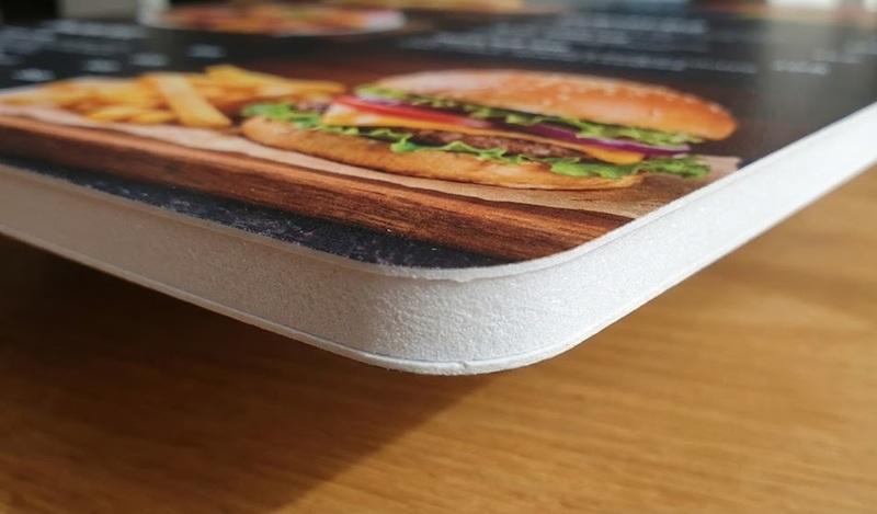 Cấu tạo menu bồi formex dày 5mm bo góc bền đẹp.