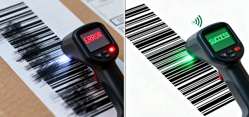 So sánh chất lượng in tem QR code sắc nét và bị lỗi.