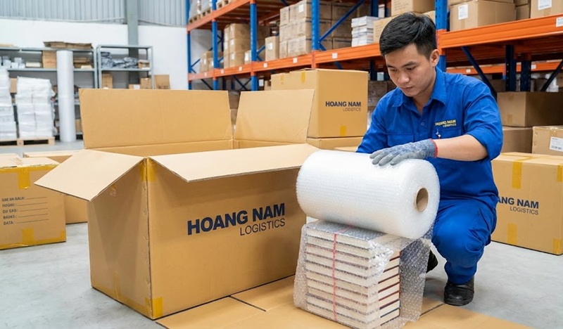 Quy trình chèn xốp hơi chống sốc khi đóng gói hàng in ấn đi tỉnh.