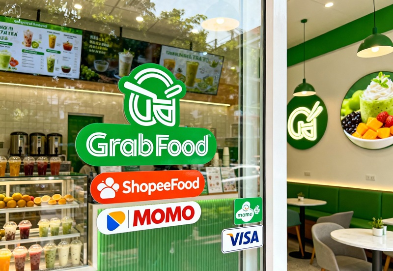 Mẫu decal dán kính logo các app giao hàng và thanh toán cho quán cafe.
