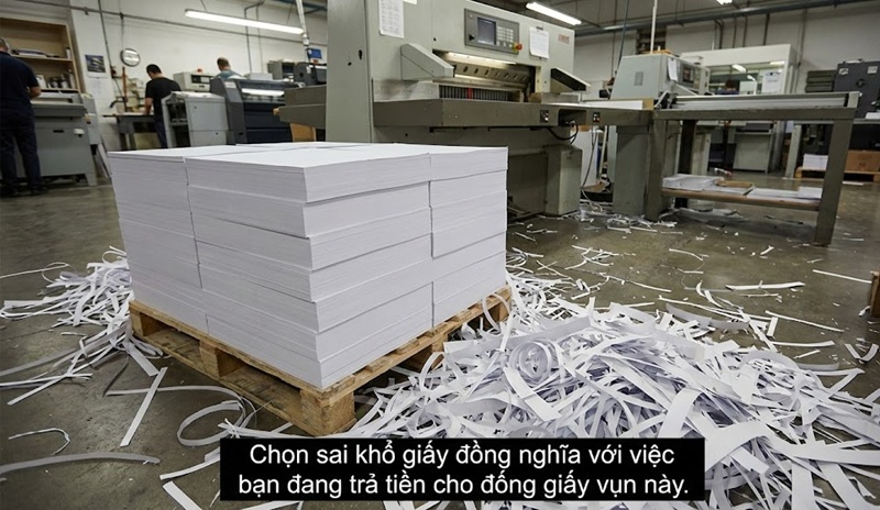 Giấy thừa lãng phí do in sai khổ giấy.