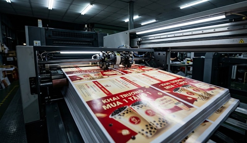 Máy in nhanh kỹ thuật số hoạt động xuyên đêm in voucher trà sữa.