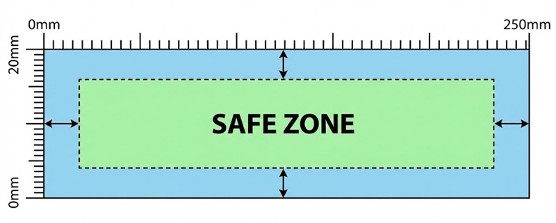Bản vẽ kích thước thiết kế vòng tay sự kiện chuẩn 20x250mm và vùng an toàn khi in ấn.