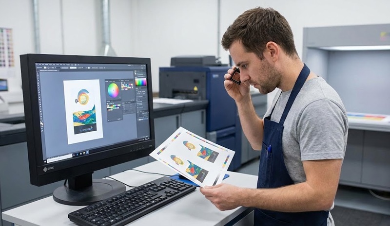 Kỹ thuật viên kiểm tra màu sắc bản in test so với file thiết kế