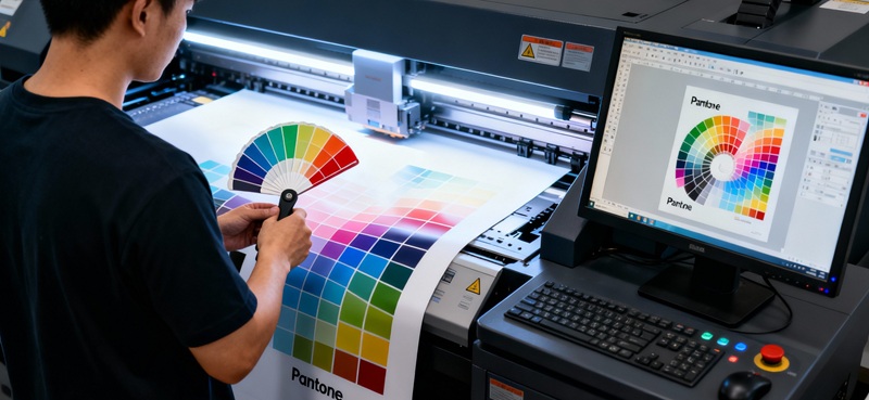 Kỹ thuật viên kiểm tra màu sắc bản in thử so với bảng màu Pantone chuẩn.
