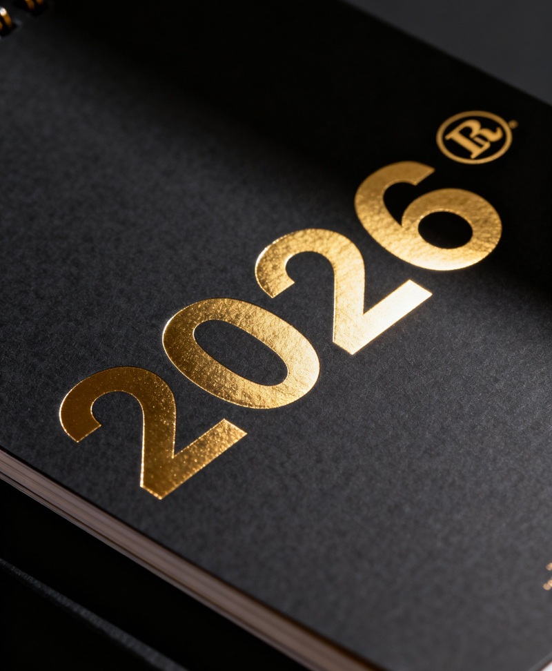 Kỹ thuật ép kim logo màu vàng gold sắc nét trên bìa lịch tết.