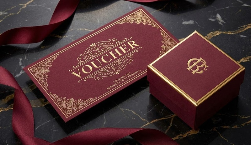 Mẫu thiết kế voucher màu đỏ đô kết hợp vàng gold sang trọng