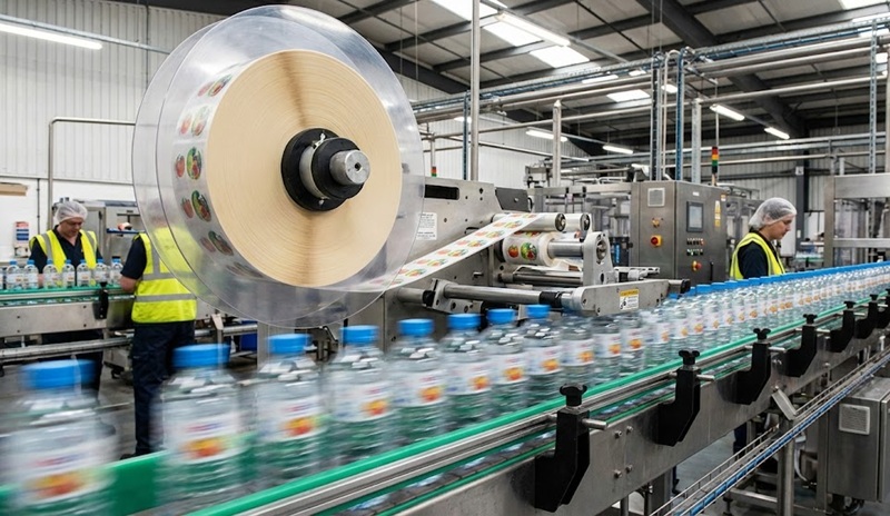 Máy dán nhãn decal cuộn tự động trên dây chuyền sản xuất.