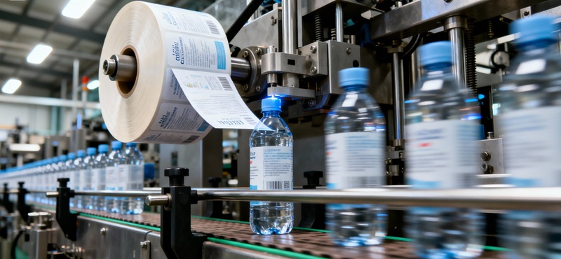 Máy dán nhãn tự động sử dụng tem in dạng cuộn.