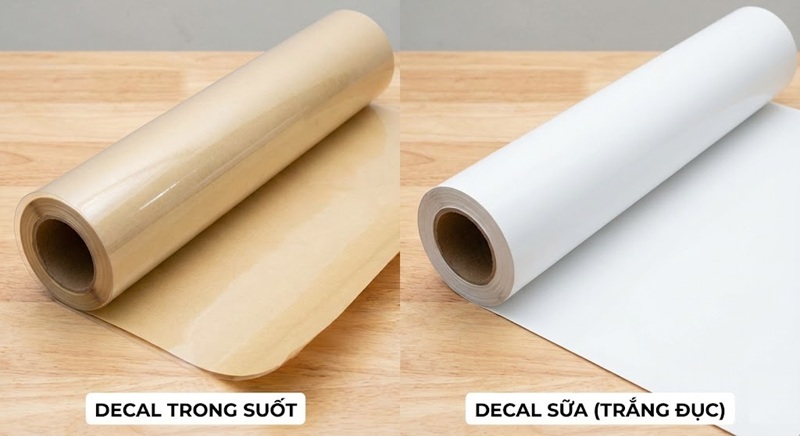 So sánh cuộn decal trong và decal sữa.