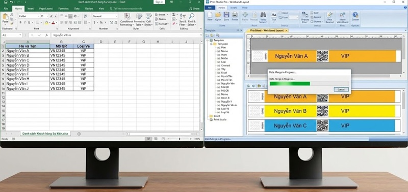 Quy trình in dữ liệu biến đổi từ file Excel lên vòng tay giấy.