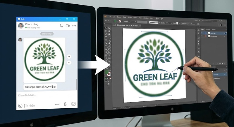 Quy trình Designer vẽ lại logo vector thủ công trên phần mềm Adobe Illustrator.