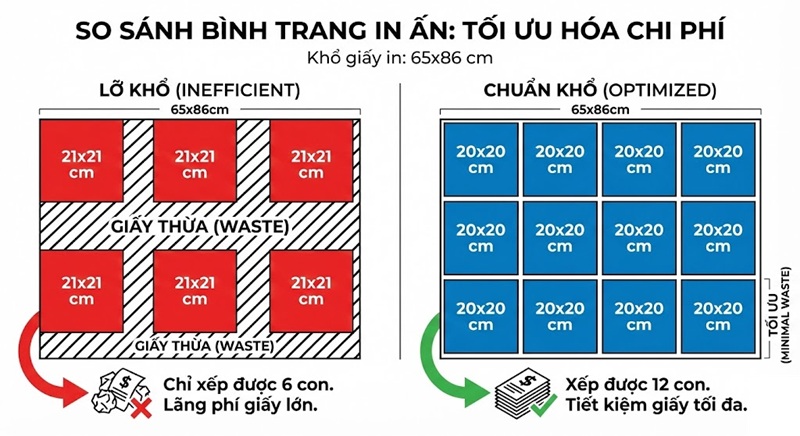 So sánh sơ đồ bình trang in ấn bị lỡ khổ và chuẩn khổ.