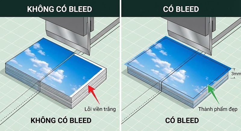 So sánh lỗi viền trắng khi không có Bleed và thành phẩm đẹp khi có bù xén