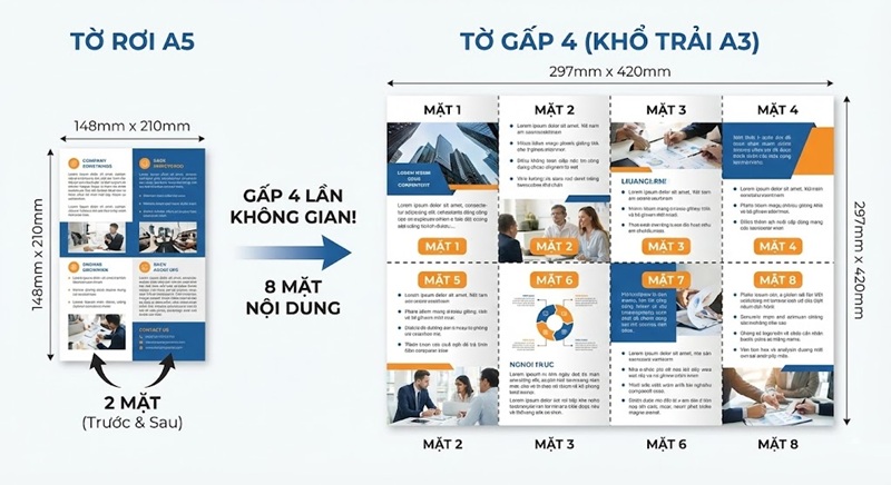 So sánh diện tích thiết kế tờ rơi A5 và tờ gấp 4