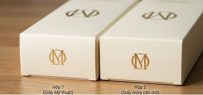 So sánh hộp giấy mỹ thuật và giấy Ivory cán màng mờ.