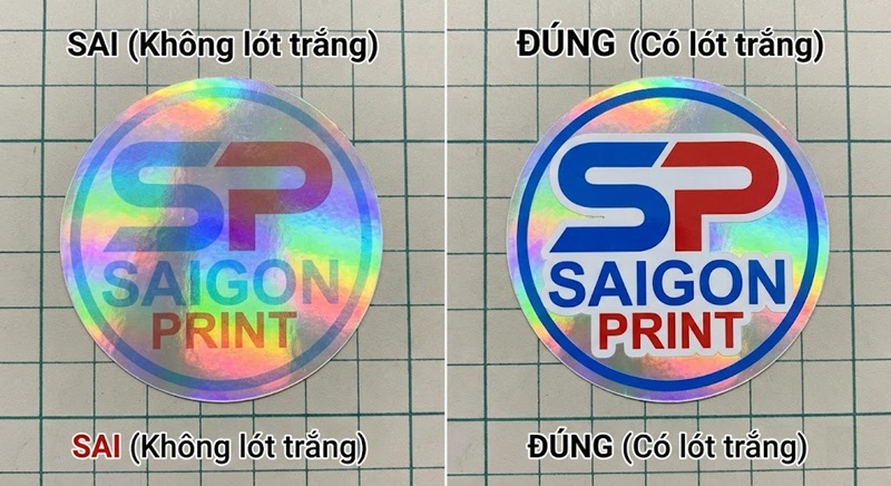 So sánh in decal hologram có lót trắng và không lót trắng.