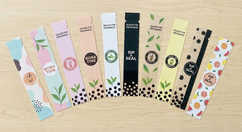 Mẫu tem dài dán niêm phong nắp ly trà sữa chống tràn