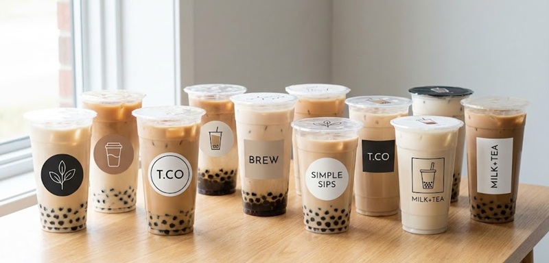 Thiết kế tem trà sữa tối giản sang trọng nền trắng