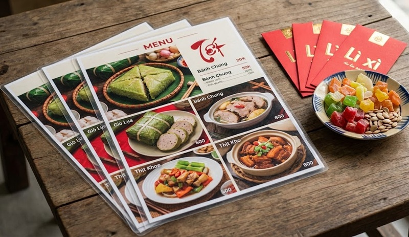 Thành phẩm menu in nhanh lấy liền kịp giao thừa.