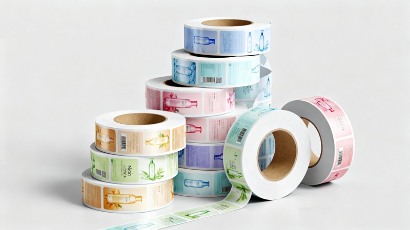 Các cuộn tem nhãn decal thành phẩm in bằng công nghệ Flexo.