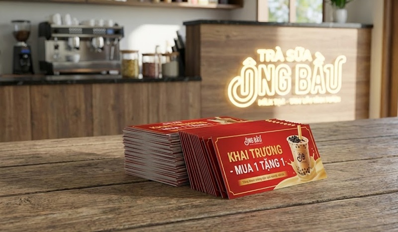 1000 voucher trà sữa thành phẩm đẹp kịp giờ khai trương.