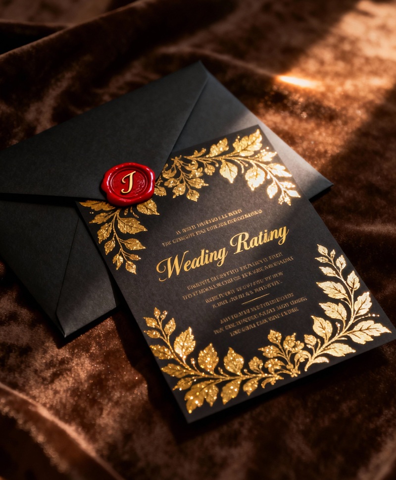 Mẫu thiệp cưới giấy mỹ thuật đen ép kim vàng toàn phần sang trọng.