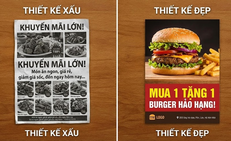 So sánh thiết kế tờ rơi quán ăn đẹp và xấu.