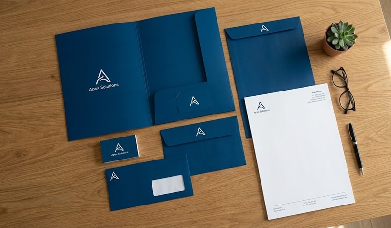 Trọn bộ nhận diện văn phòng chuyên nghiệp gồm folder card visit phong bì.