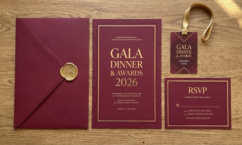 Trọn bộ in ấn thư mời sự kiện bao gồm bao thư và thẻ RSVP.