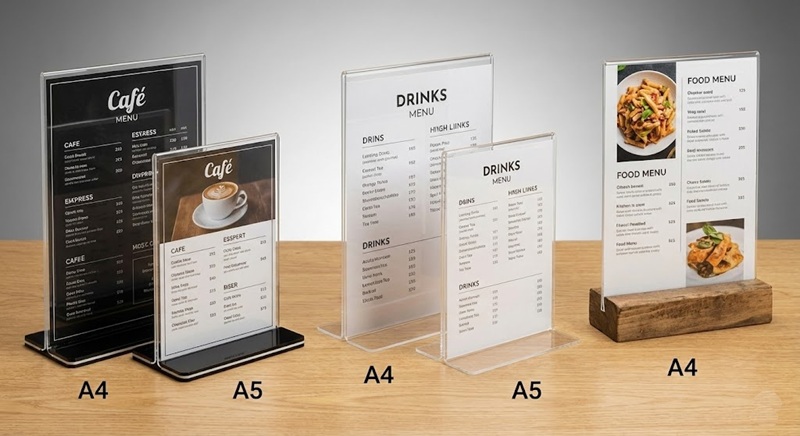 Các loại kệ menu mica để bàn chữ T và chữ L.