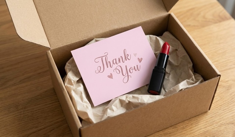 Card cảm ơn đặt trong hộp gói hàng tăng trải nghiệm khách hàng.