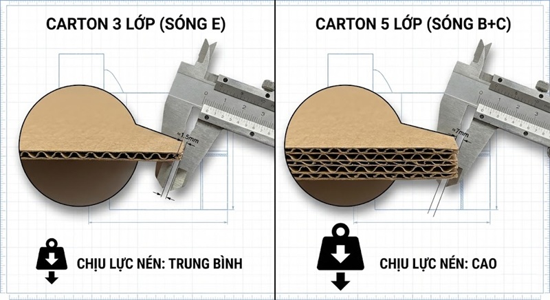 Cấu tạo các lớp sóng giấy carton 3 lớp và 5 lớp.