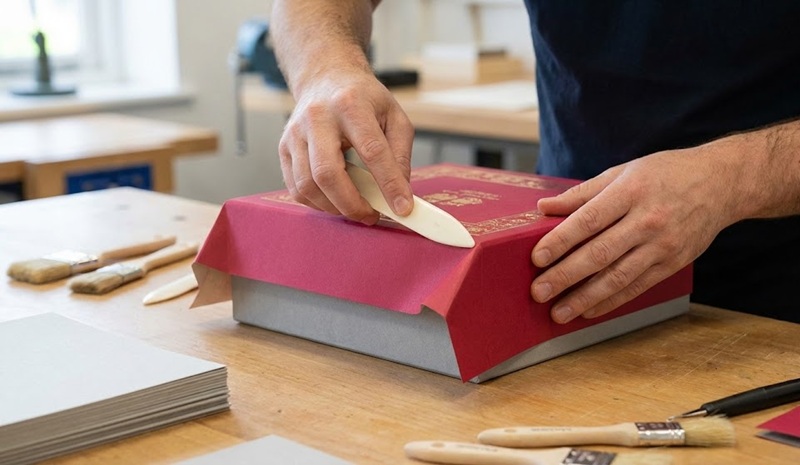 Quy trình bồi giấy mỹ thuật lên cốt hộp carton lạnh thủ công.