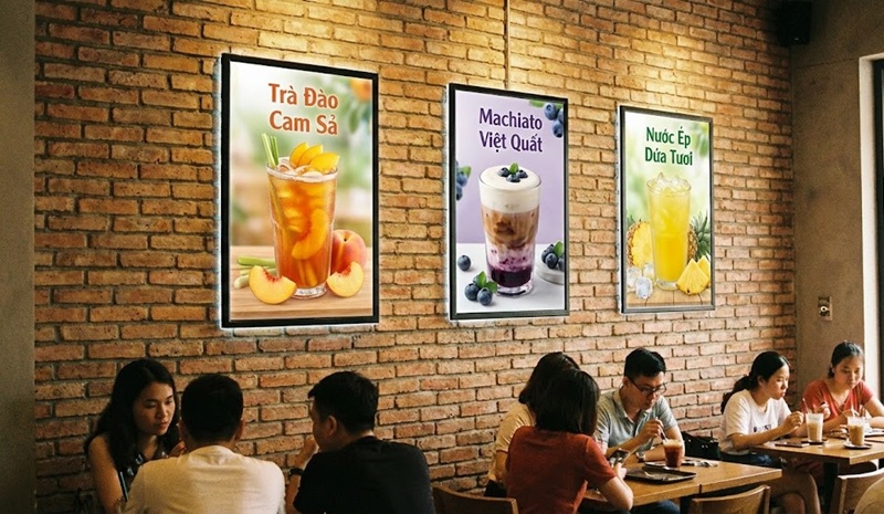 Hộp đèn led siêu mỏng nắp bật treo tường quán cafe.