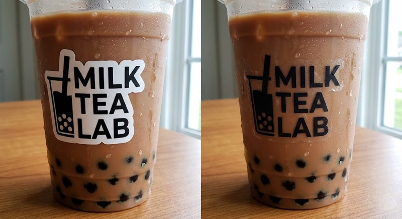 So sánh tem logo decal trong và decal sữa dán ly trà sữa.