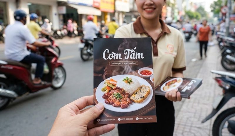 In tờ rơi khổ A5 nhỏ gọn dễ phát cho khách đi đường.