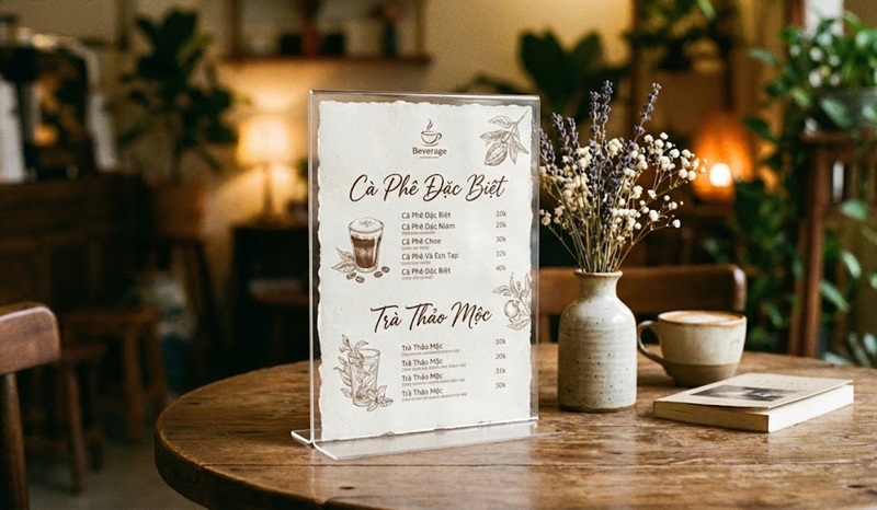 Kệ menu mica A5 để bàn cafe kích thước chuẩn đẹp.