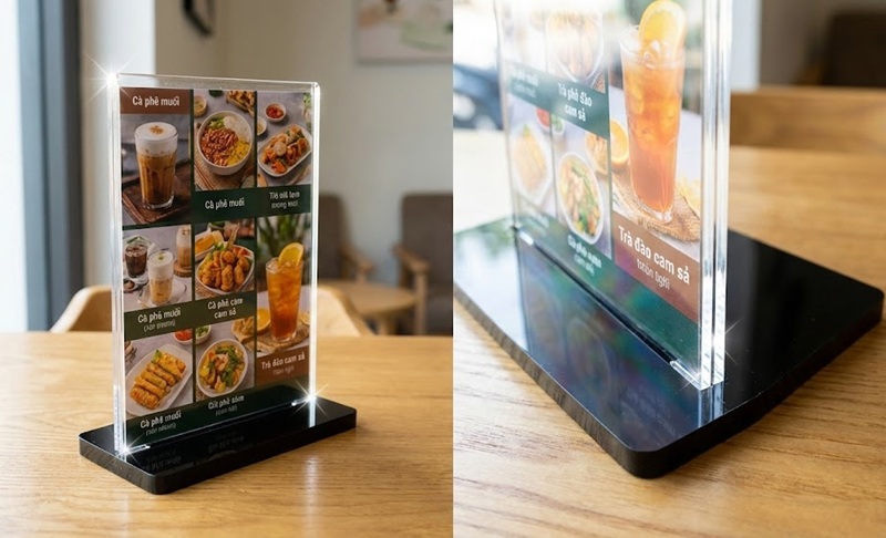 Kệ menu mica để bàn chân chữ T gia công theo yêu cầu.