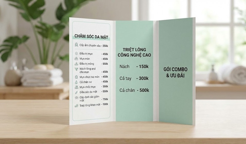 Mẫu tờ rơi gấp 3 giới thiệu bảng giá dịch vụ spa.